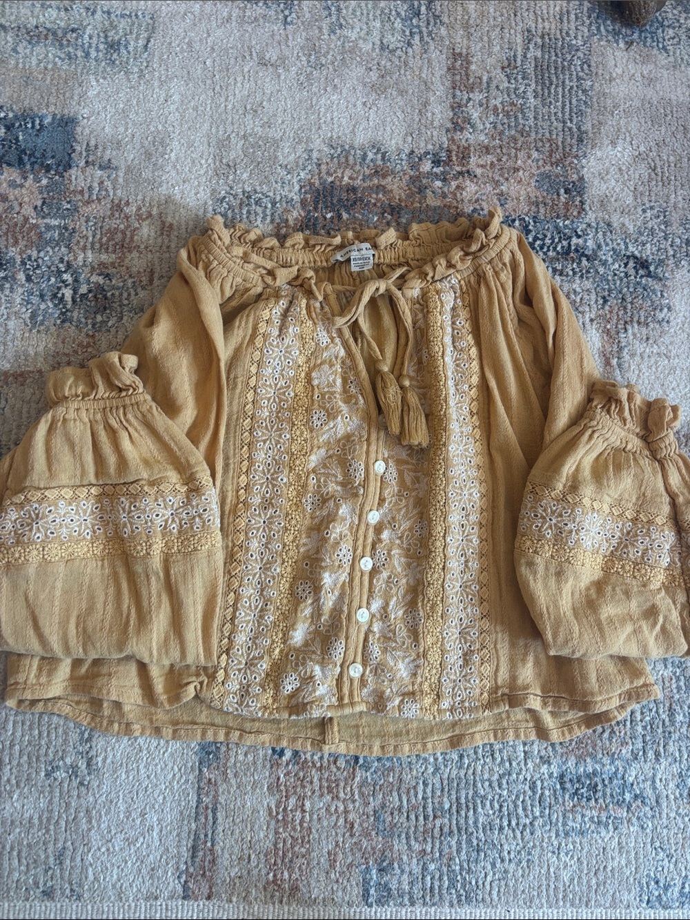 American Eagle Outfitters Mustard Embroidered Peasant Blouse
